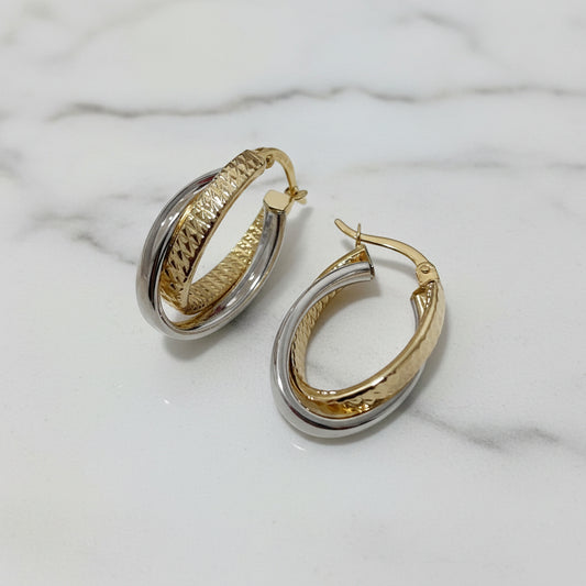 Silver Filled 2 Tone Crossover Oval Patterned Hoop Earrings