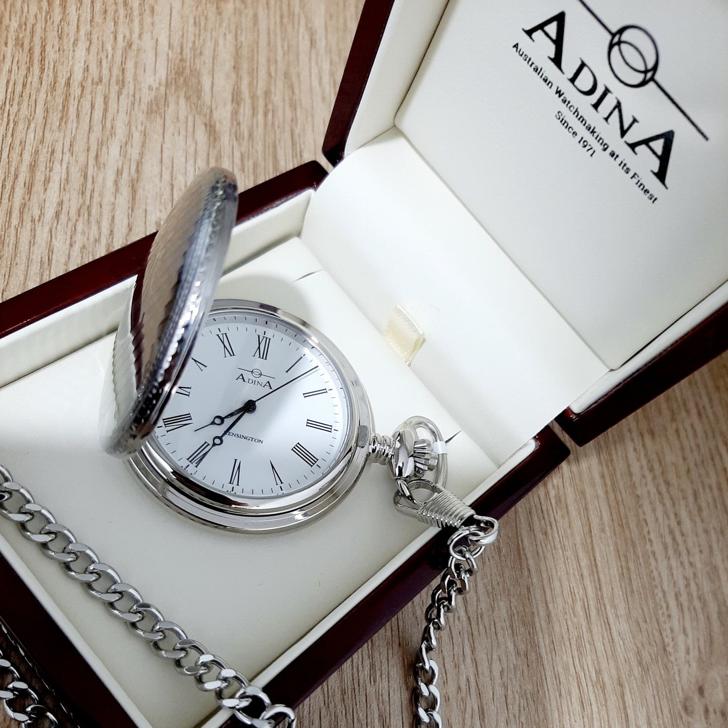ADINA Kensington Silver Mechanical Pocket Watch with Chain and Box