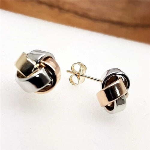 9ct Gold 3 Tone Shiny Wide Knot Stud Earrings