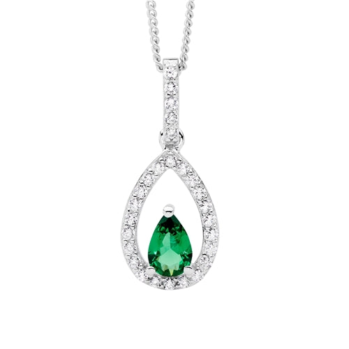 Ellani Sterling Silver CZ Necklace with Green Pear CZ Centre