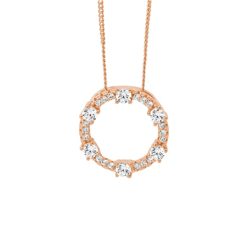 Ellani Sterling Silver Open Circle 6 x Raised CZ Necklace - Rose Gold