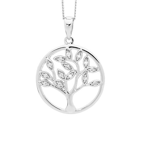 Ellani Sterling Silver & White CZ Tree of Life Necklace
