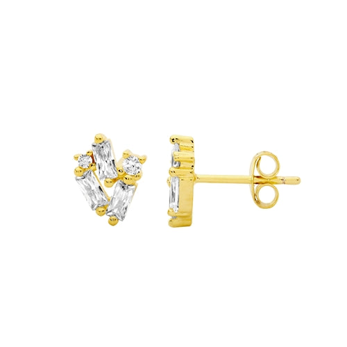 Ellani Staggered Sterling Silver CZ Earrings - Gold