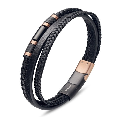 BLAZE Stainless Steel Black Leather Multi Strand Bangle with Rose Gold Details