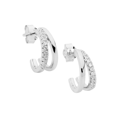 Ellani Sterling Silver CZ Split Hoop Stud Earrings