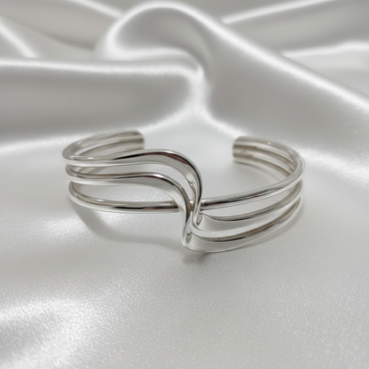 Sterling Silver Double Wave Crossover Cuff Bangle