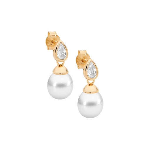 Ellani Sterling Silver CZ & FWP Drop Stud Earrings - Gold