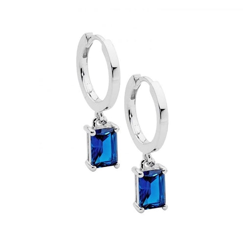Ellani Sterling Silver Huggie Earrings with Radiant London Blue CZ Drop