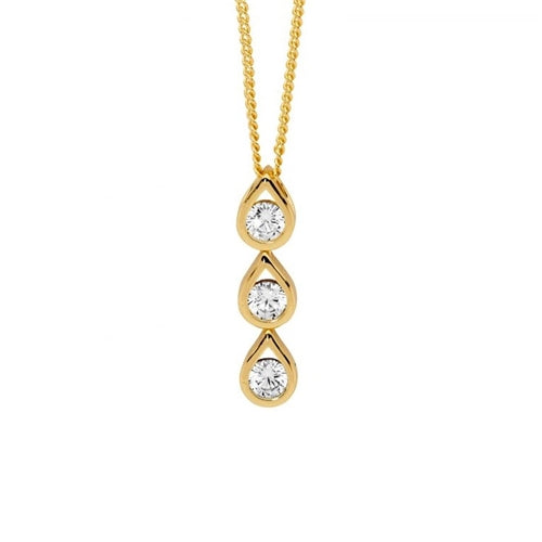 Ellani Sterling Silver 3 x CZ Drop Necklace - Gold