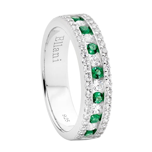 Ellani Sterling Silver Ring Green & White CZ Ring - Size 8