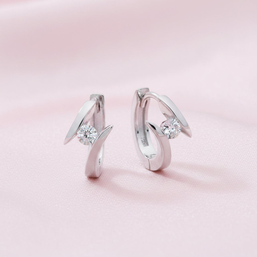 Ellani Sterling Single CZ Silver Huggie Earrings