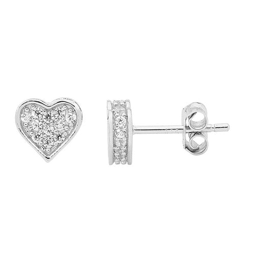 Ellani Sterling Silver & White CZ Heart Stud Earrings