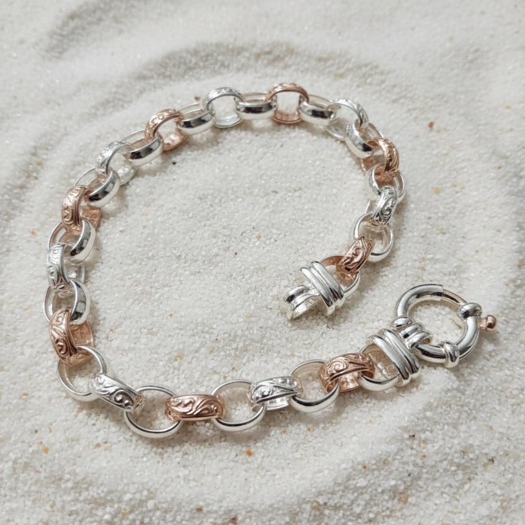 Australian Made Sterling Silver & Engraved 9ct Rose Gold Oval Belcher Bracelet
