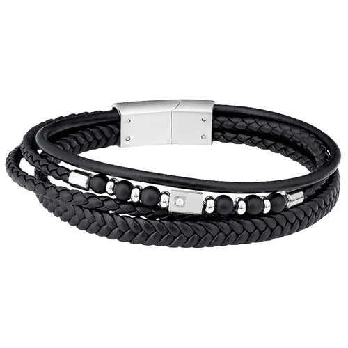 Multi Strand Stainless Steel & Black Leather Bracelet
