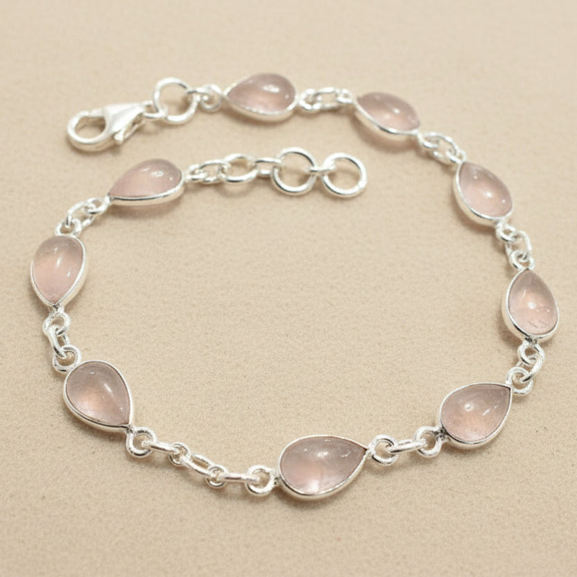Sterling Silver Pear Shaped Rose Quartz Bracelet