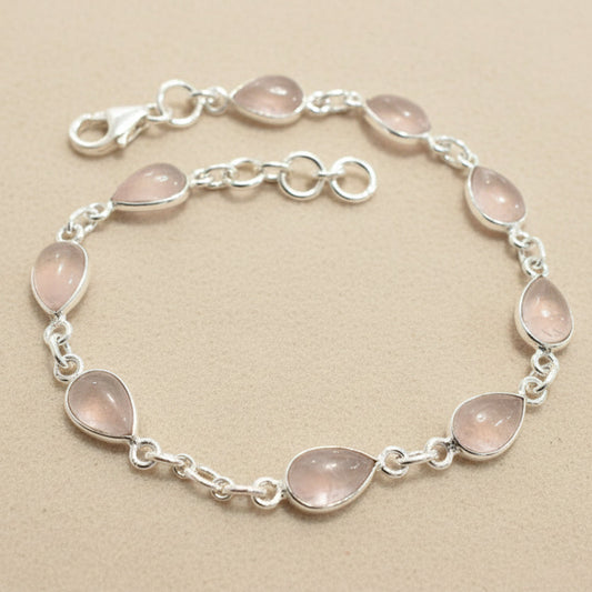 Sterling Silver Pear Shaped Rose Quartz Bracelet