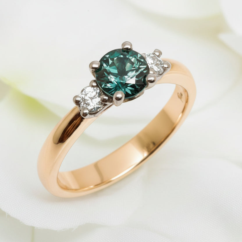 Russ Studios .81ct Green Qld Sapphire & Diamond Trilogy Ring in 18ct Rose & White Gold - Size M.5