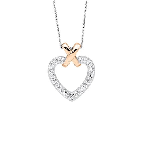 Ellani Sterling Silver CZ Heart with RGP Cross Necklace