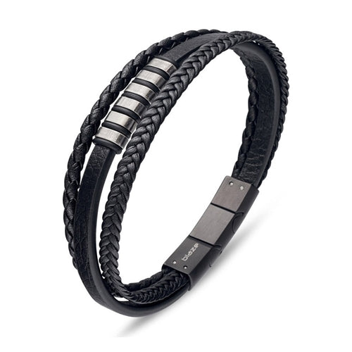BLAZE Black Leather Multi Strand Bangle with Vintage Steel Details