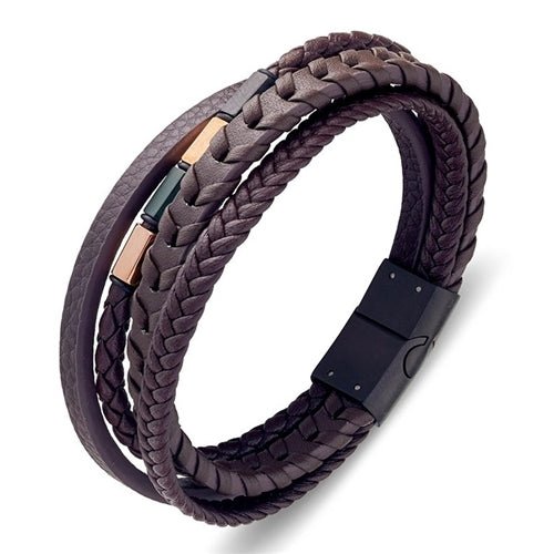BLAZE Stainless Steel Multi-strand Brown Leather Bangle