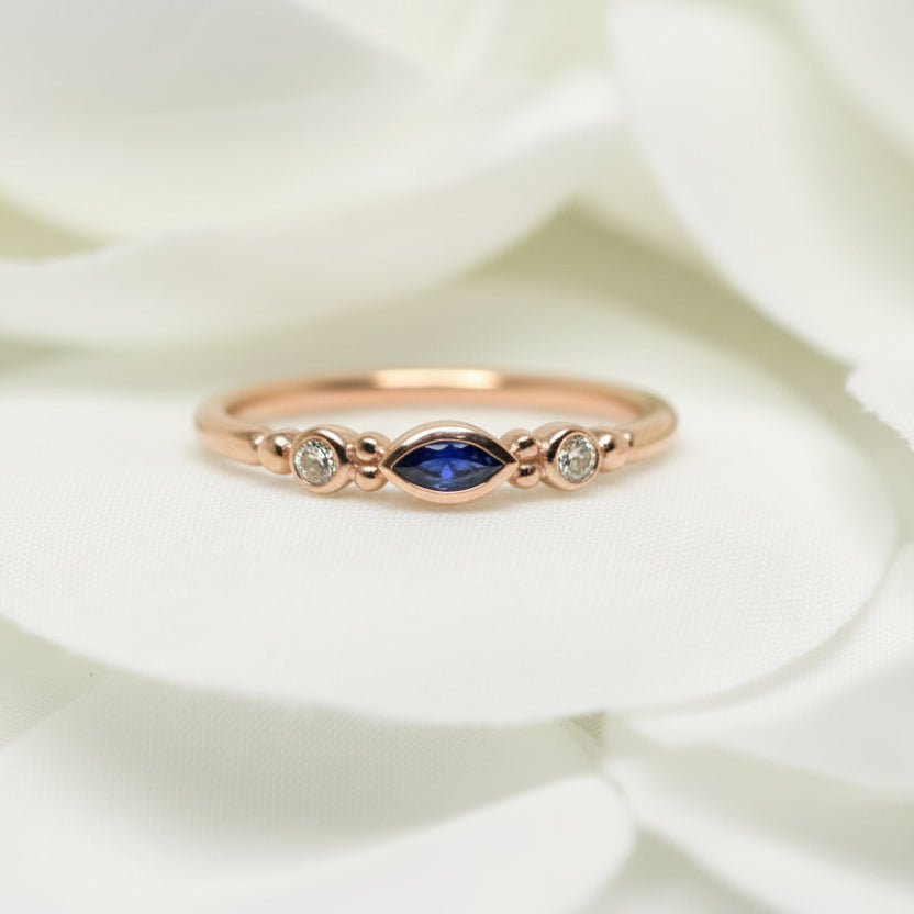 9ct Rose Gold Marquise Sapphire & Diamond Ring - Size O