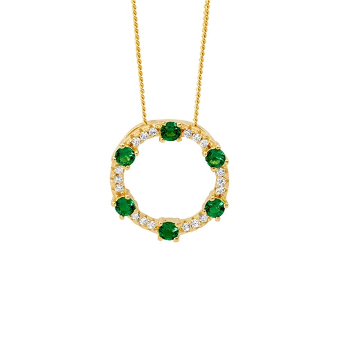 Ellani Sterling Silver Open Circle 6 x Raised Green CZ Necklace - Gold
