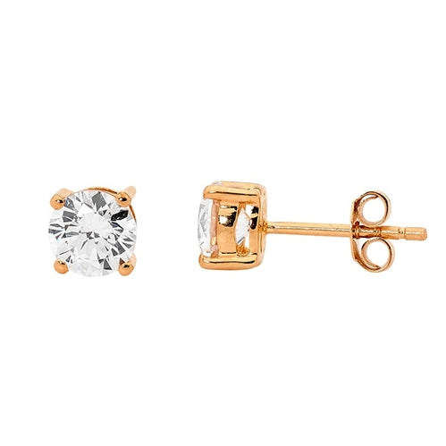 Ellani Sterling Silver Round Claw Set CZ Studs - Rose Gold Plate
