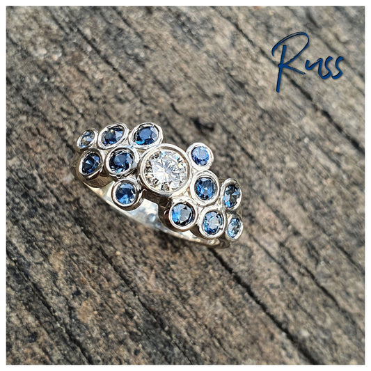 9ct White Gold Diamond & Aust. Parti Sapphire Scatter Ring - Size L.5