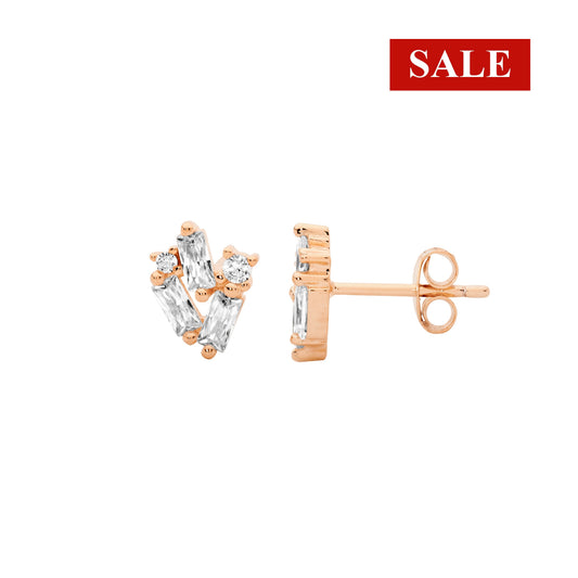 CLEARANCE Ellani Staggered Sterling Silver CZ Earrings - Rose Gold RRP $99