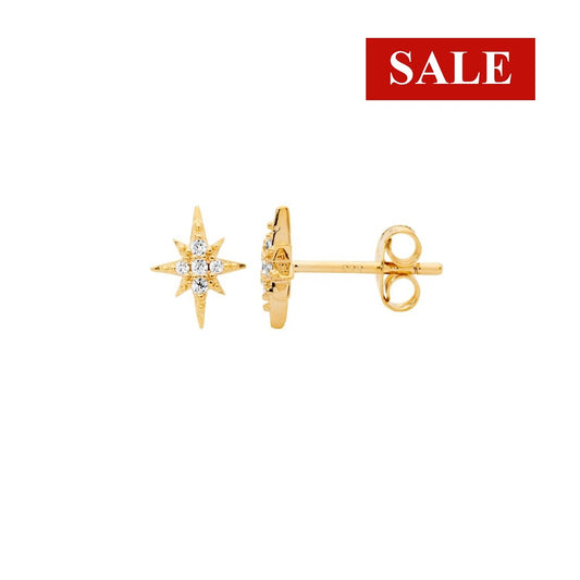 CLEARANCE Ellani Sterling Silver CZ Star Stud Earrings - Gold RRP $69