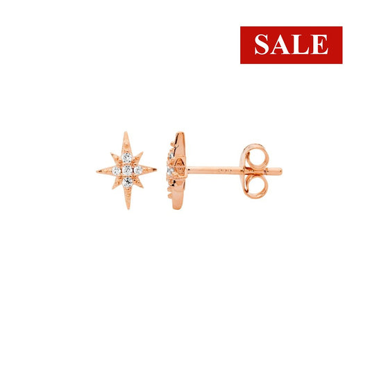 CLEARANCE Ellani Sterling Silver CZ Star Stud Earrings - Rose Gold RRP $69