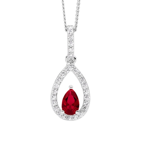Ellani Sterling Silver CZ Necklace with Red Pear CZ Centre