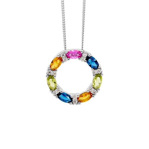 Ellani Sterling Silver Multi Colour Oval & Round CZ Necklace
