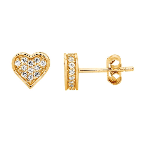 Ellani Sterling Silver & White CZ Heart Stud Earrings - Gold