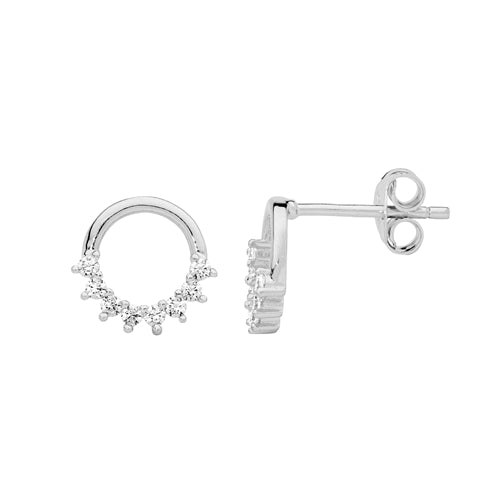 Ellani 9mm Sterling Silver Open Circle 1/2 CZ Set Stud Earrings