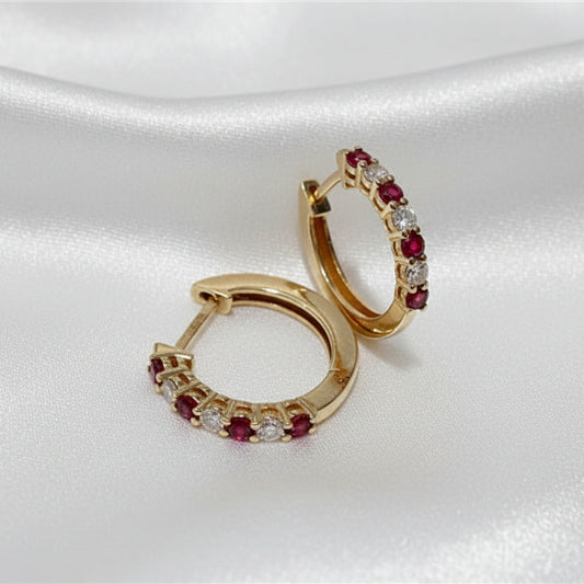 9ct Gold Lab Grown Ruby & Diamond Huggie Earrings