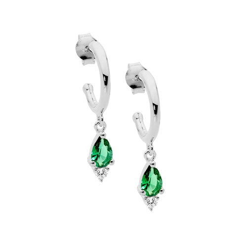 Ellani Sterling Silver Half Hoop Stud Earrings with Green Pear CZ Drop