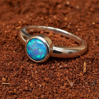9ct Gold 6mm Round Solid Opal Bezel Set Ring - Size N