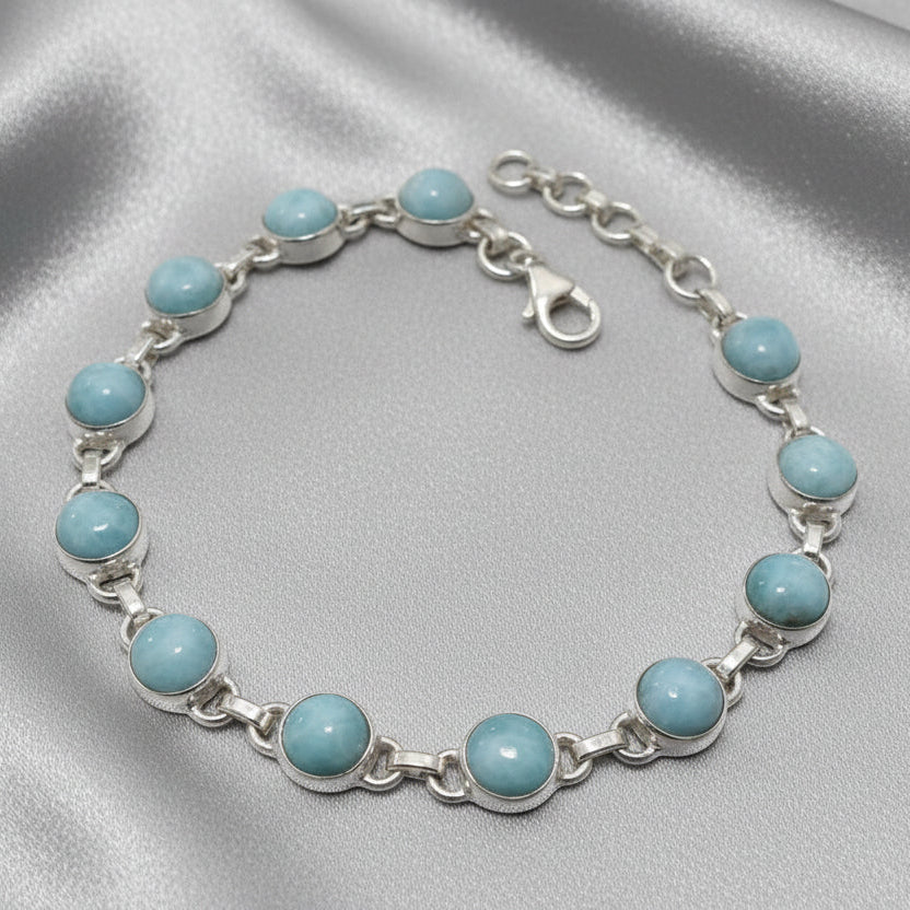 Sterling Silver Round Larimar Gemstone Bracelet