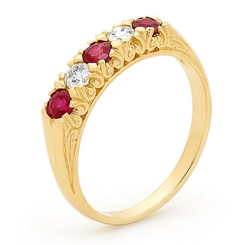 9ct Gold Ruby & Diamond Ring (5 Stones) - Size M
