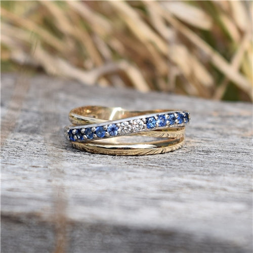 9ct 'Ombre' Australian Blue Sapphire & Diamond Multi Row Ring