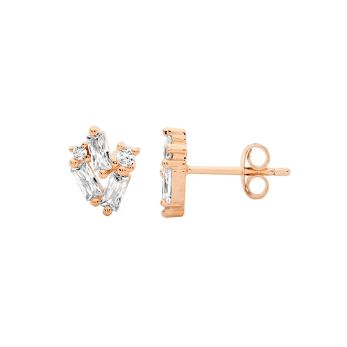 Ellani Staggered Sterling Silver CZ Earrings - Rose Gold