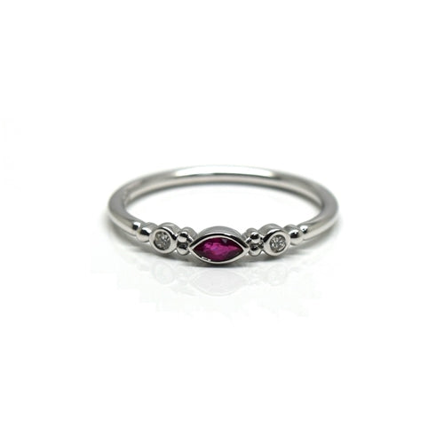 9ct White Gold Marquise Ruby & Diamond Ring - Size O