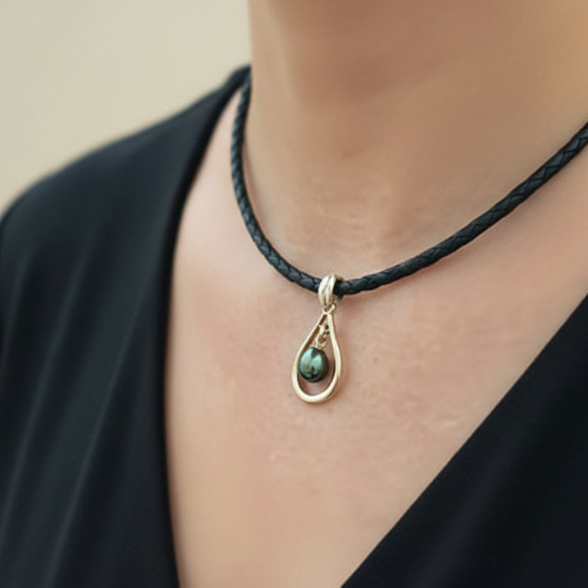 Russ Studios 9ct Gold Pearl Pendant on Leather Necklet