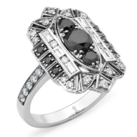 9ct White Gold Art Deco Black & White Diamonds Ring - Size P
