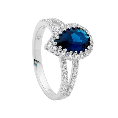 Ellani Sterling Silver Pear Shaped London Blue Topaz CZ Ring - Size 10 (T.5)