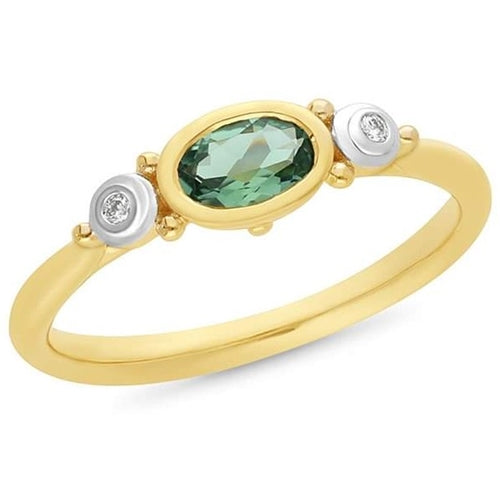 9ct Gold Mint Tourmaline & Diamond Ring - Size O