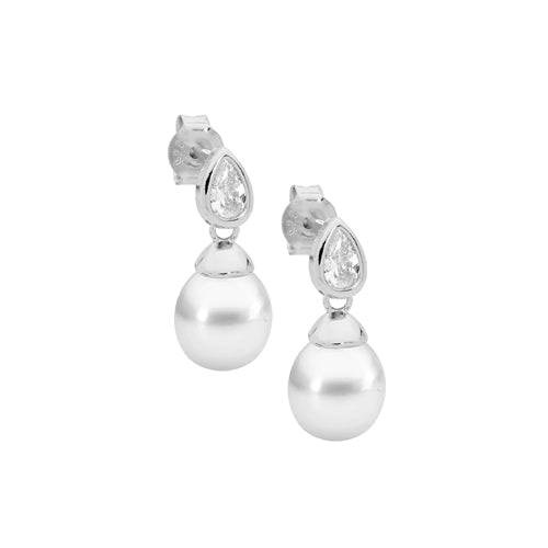 Ellani Sterling Silver CZ & FWP Drop Stud Earrings