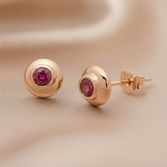 9ct Rose Gold Double Bezel Stud Earrings - Ruby