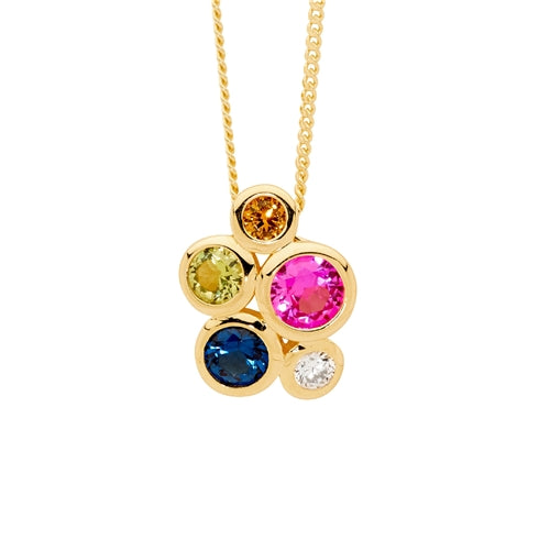 Sterling Silver Bezel Set Multi Colour CZ Cluster Necklace - Gold